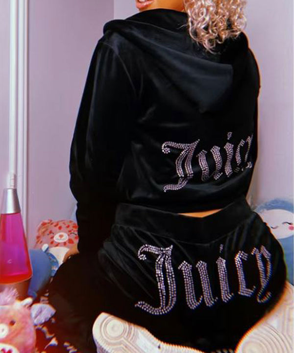 Black Studded Juicy Print Velour Zip Up Tracksuit