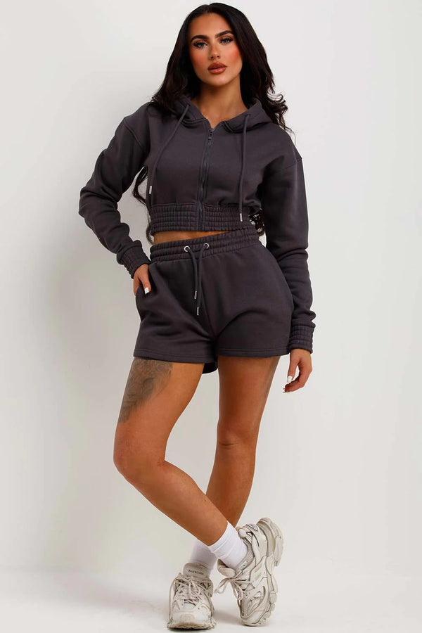 Black Cropped Zipped Hoodie And Short Co-Ords Set