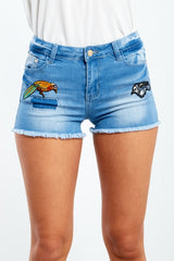 Blue Bird Patch Fray Hem Denim Shorts
