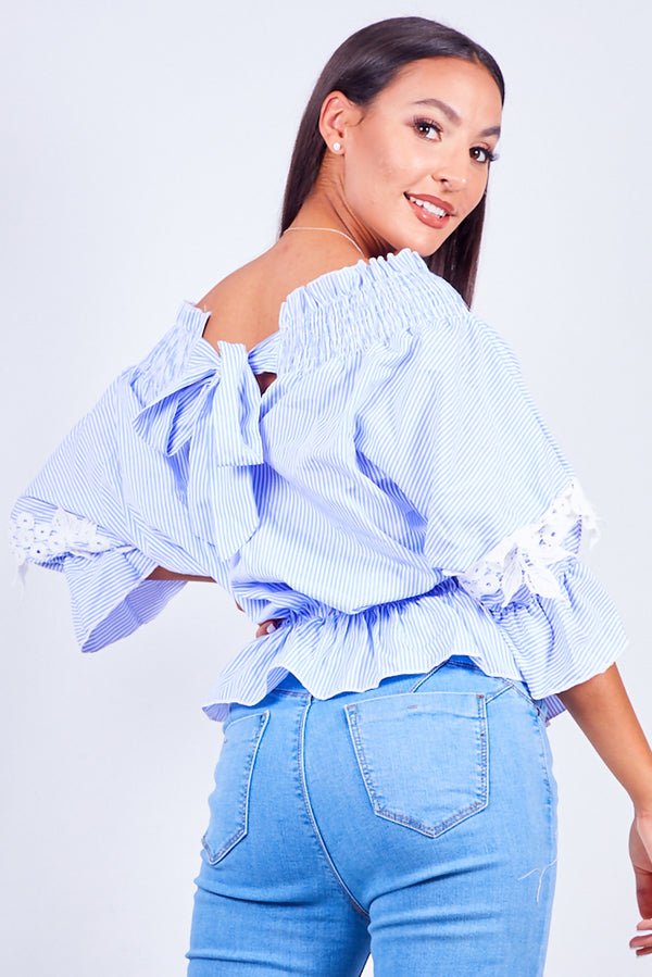 Blue Pinstripe Bardot Crochet Tie Back Blouse
