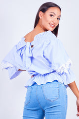 Blue Pinstripe Bardot Crochet Tie Back Blouse