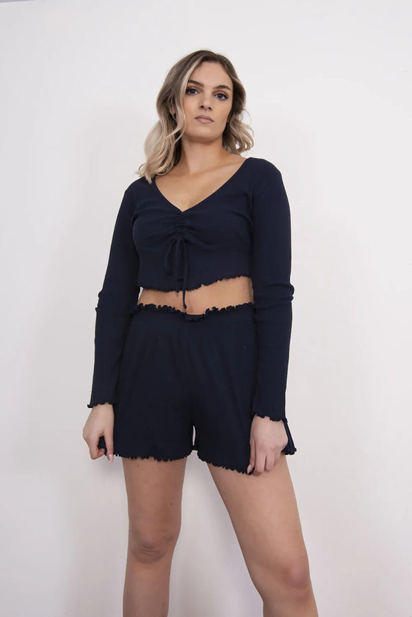 Navy Ribbed Ruched Crop Pyjama Short Set 