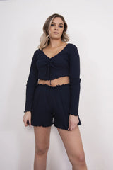 Navy Ribbed Ruched Crop Pyjama Short Set 