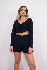 Navy Ribbed Ruched Crop Pyjama Short Set 
