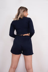 Navy Ribbed Ruched Crop Pyjama Short Set 