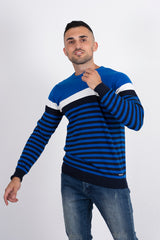 Mens Blue Stripe Contrast Jumper