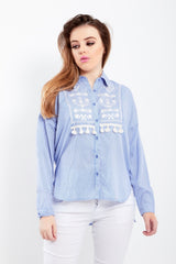 Blue Tassel Embellished Embroidered Stripe Blouse