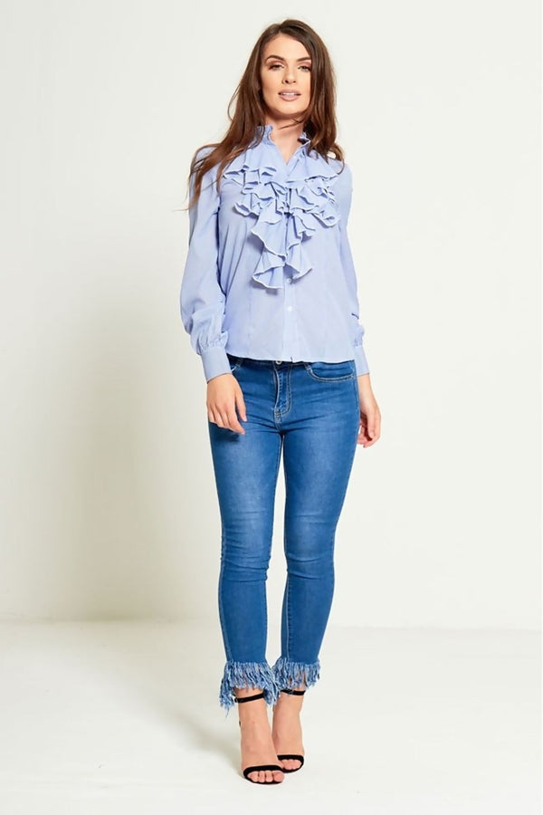 Blue Tassel Hem Skinny Jeans 