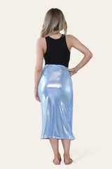 Blue Tie Waist Satin Midi Skirt
