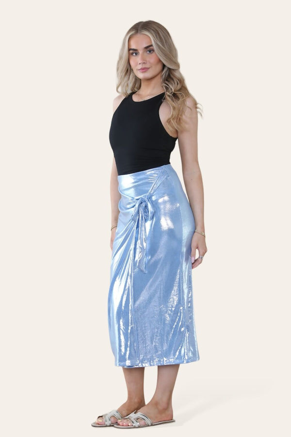 Blue Tie Waist Satin Midi Skirt