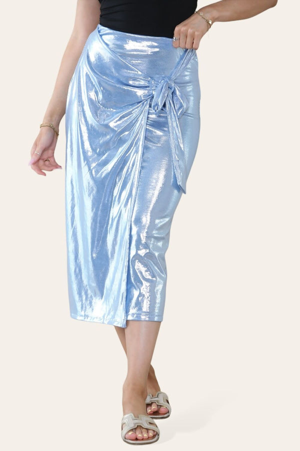 Blue Tie Waist Satin Midi Skirt