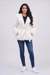 Ivory Belted Coat with Faux Fur Trim - Isabella