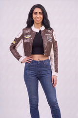 Brown & White Contrast Patch Cropped PU Leather Racer Jacket - Emily
