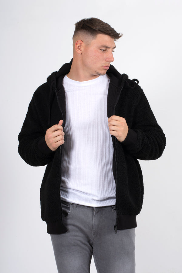 Mens black zip up hooded teddy jacket