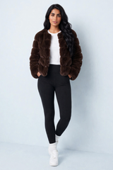 Chocolate Faux Fur Trimmed Cropped Jacket - Charlotte