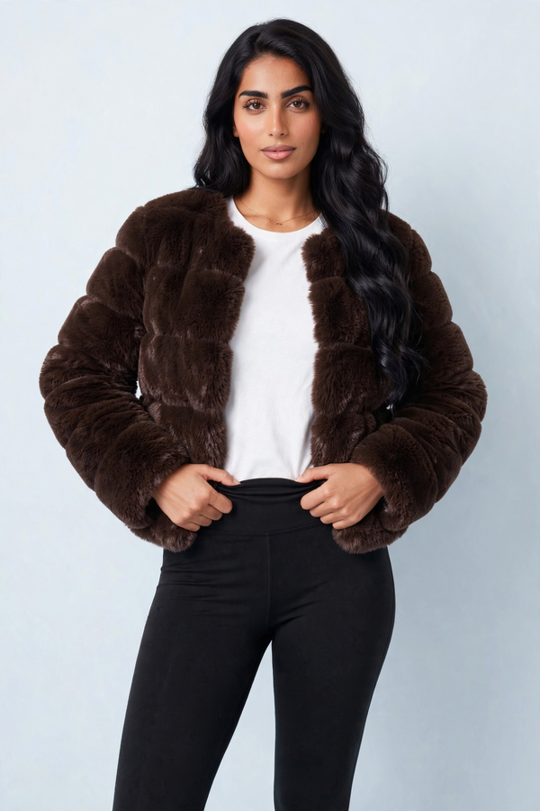 Chocolate Faux Fur Trimmed Cropped Jacket - Charlotte