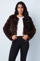 Chocolate Faux Fur Trimmed Cropped Jacket - Charlotte