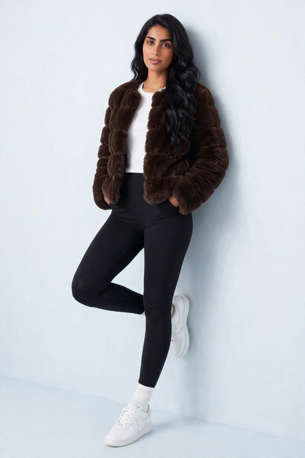 Chocolate Faux Fur Trimmed Cropped Jacket - Charlotte