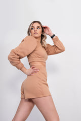 Camel Puff Sleeve Cropped Jumper And Short Set