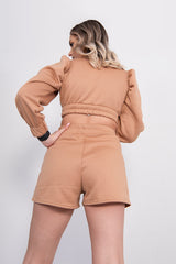 Camel Puff Sleeve Cropped Jumper And Short Set