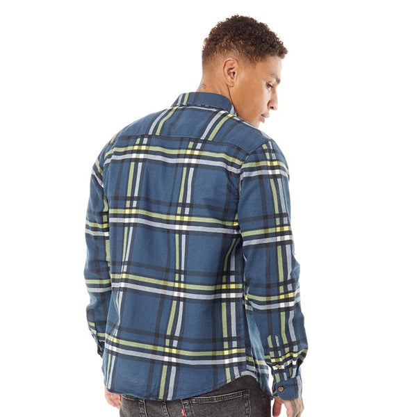 Mens Blue Checked Cotton Flannel Long Sleeve Shirt