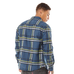 Mens Blue Checked Cotton Flannel Long Sleeve Shirt