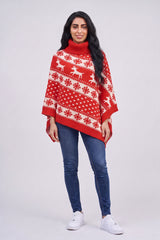Red Festive Fair Isle Reindeer Knitted  Christmas Poncho - Emily