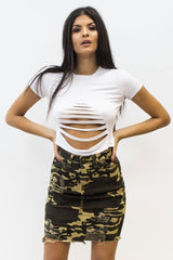 camouflage distressed denim mini skirt 
