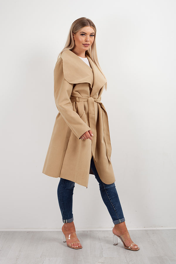 Camel Belted Waterfall Duster Coat