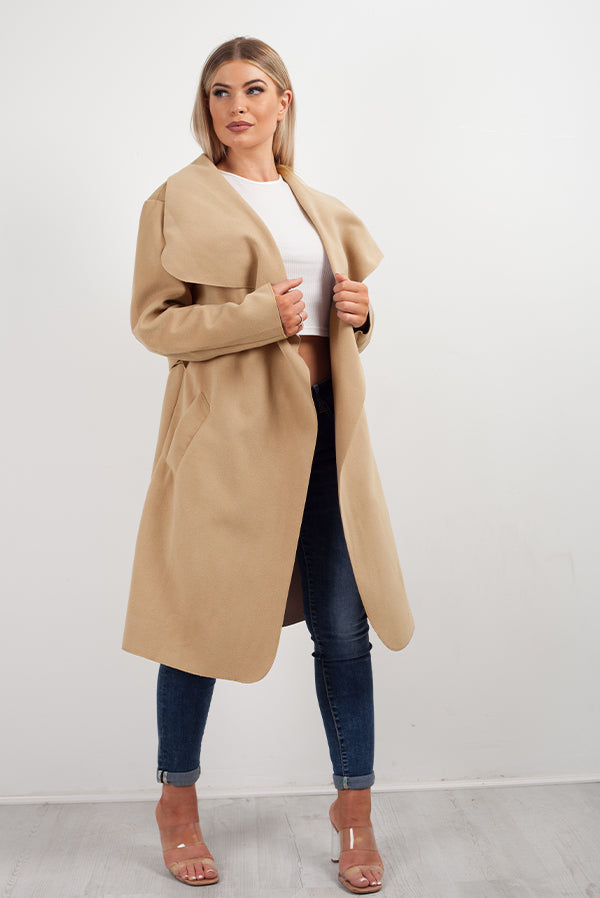 Camel Belted Waterfall Duster Coat
