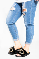Black Faux Fur Chain Detail Sliders