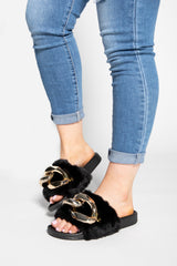 Black Faux Fur Chain Detail Sliders