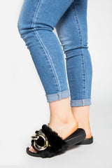 Black Faux Fur Chain Detail Sliders