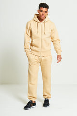 Mens Beige Fleece Jogging Pockets Plain Tracksuit