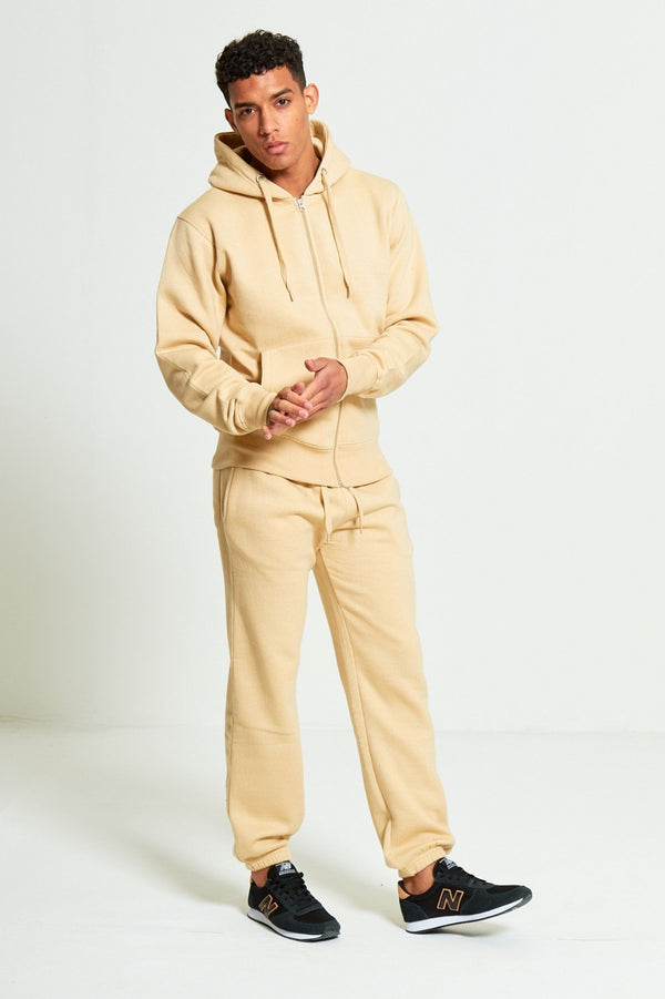 Mens Beige Fleece Jogging Pockets Plain Tracksuit