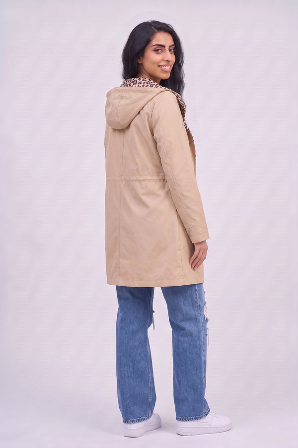 Beige Leopard-Lined Reversible Hooded Parka Jacket– Olivia