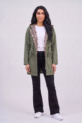 Khaki Leopard-Lined Reversible Hooded Parka Jacket– Olivia