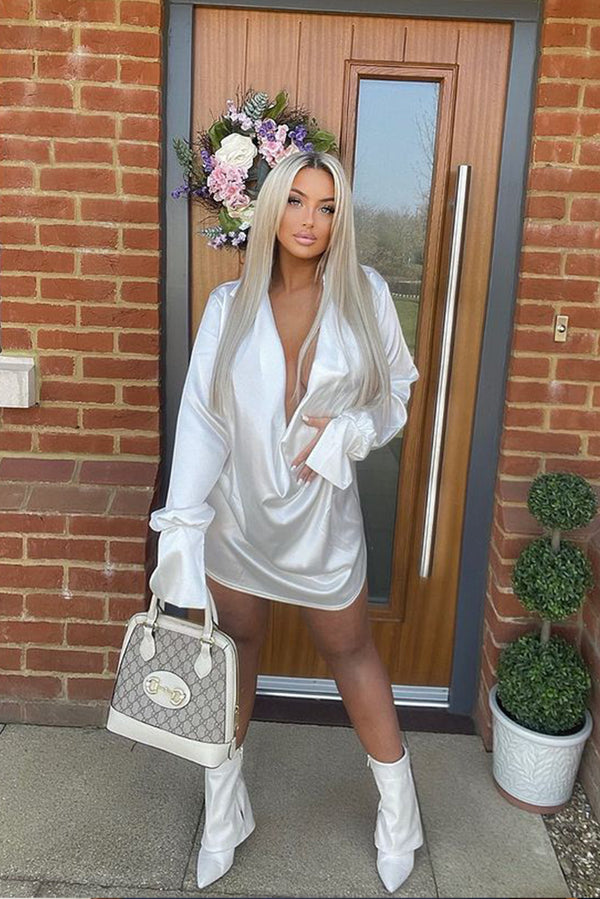Cream Satin Low Plunge Cowl Neck Dress