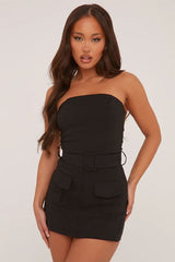 Black Cargo Pocket Stretch Fit Belted Skort Playsuit