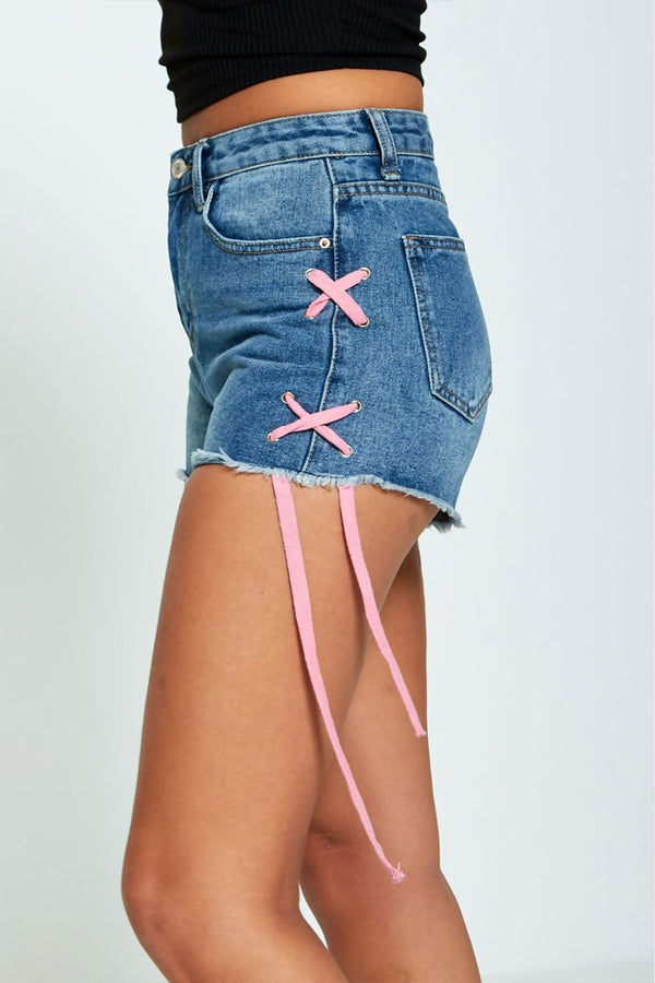 Denim Lace Up Fray Hem Shorts 