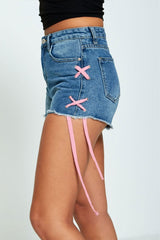 Denim Lace Up Fray Hem Shorts 