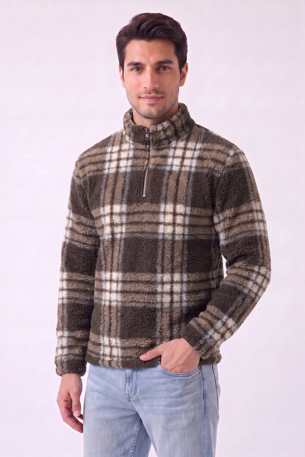 Brown Checked Borg Teddy Funnel Neck Quarter-Zip Sweatshirt - Jack