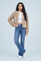 Beige Faux Fur Trimmed Cropped Jacket - Charlotte