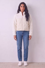 Cream Teddy Borg Zip Front Quilted Jacket with Heart Detail - Emily