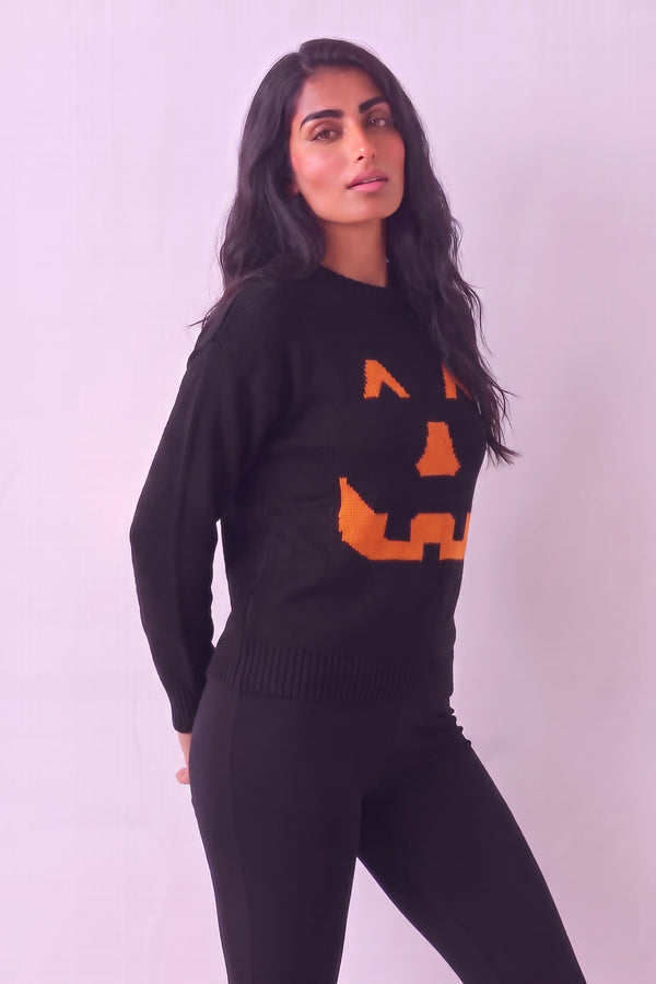 Black Pumpkin Face Halloween Knitted Jumper - Ava