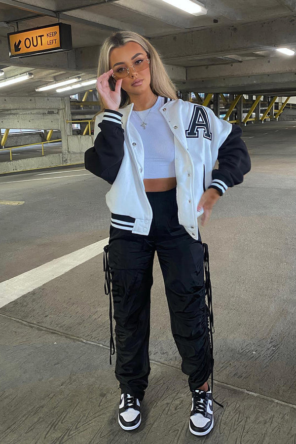 White Contrast Sleeve Letter A Varsity Jacket