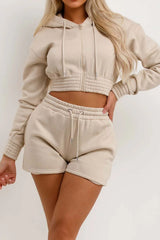 Oatmeal Crop Zip Hoodie And Shorts Tracksuit Set