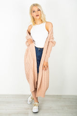 Dusty Pink Cable Knit Pocket Details Longline Cardigan