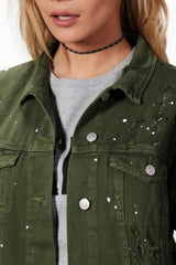 Khaki Long Line Print Splatter Denim Jacket