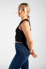 Black "Essential" Slogan Print Ribbed Racer Vest 
